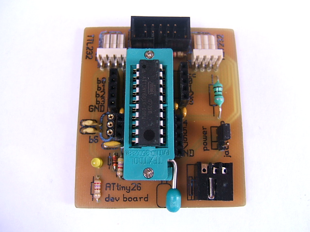 A photo of an ATtiny26 development board (component side)